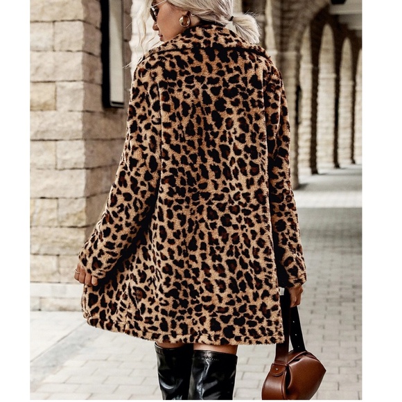 Luxe leopard Print Vegan Fur Open Front Fully Lined Jacket Coat - Picture 3 of 6